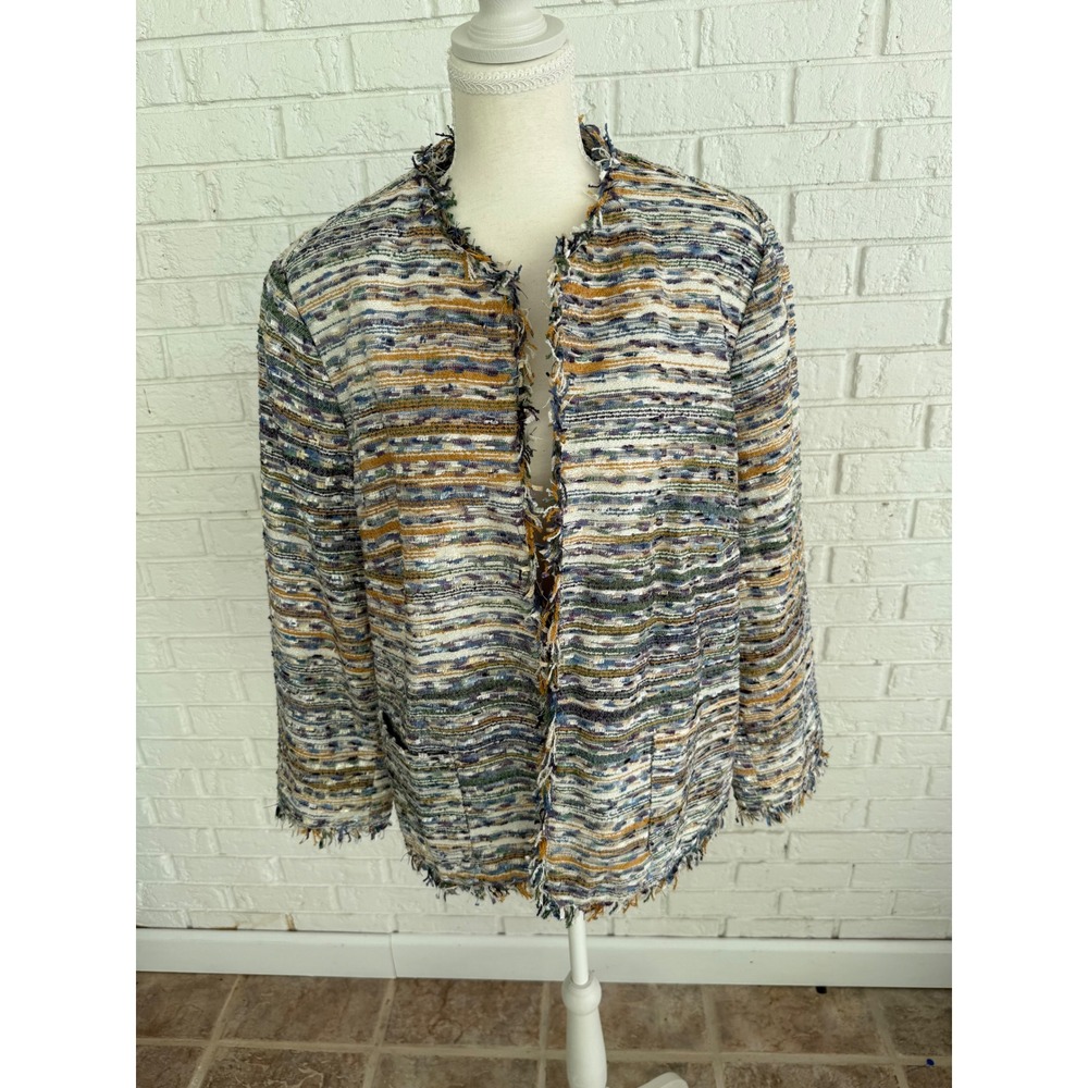 Alfred Dunner Jacket Women 18P Multi Color Excellent Tweed Fringed Open Front